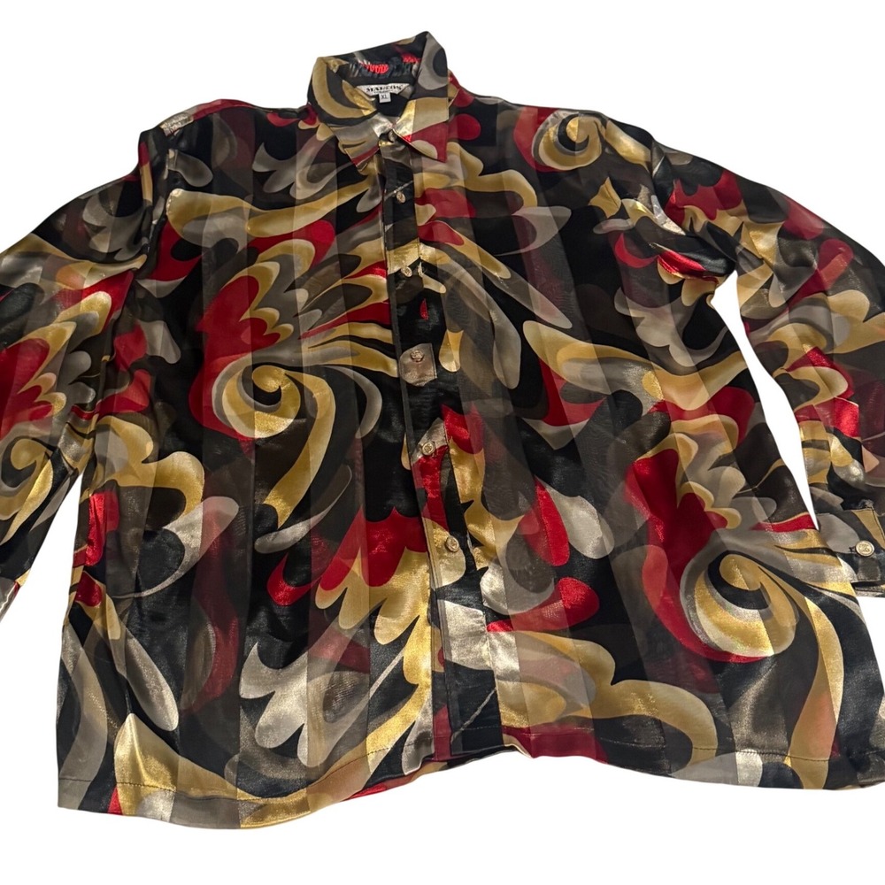 Maltos Abstract Swirl Button Down Shirt Red Gold Black Sheer Stripe Mens XL USA